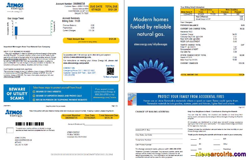 USA Atmos Energy utility bill, 2 pages